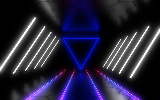 Túnel de arquitectura abstracta con luz de neón. Ilustración 3d