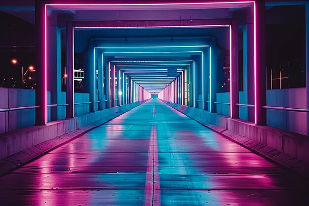 Foto túnel de arquitectura abstracta con luz de neón