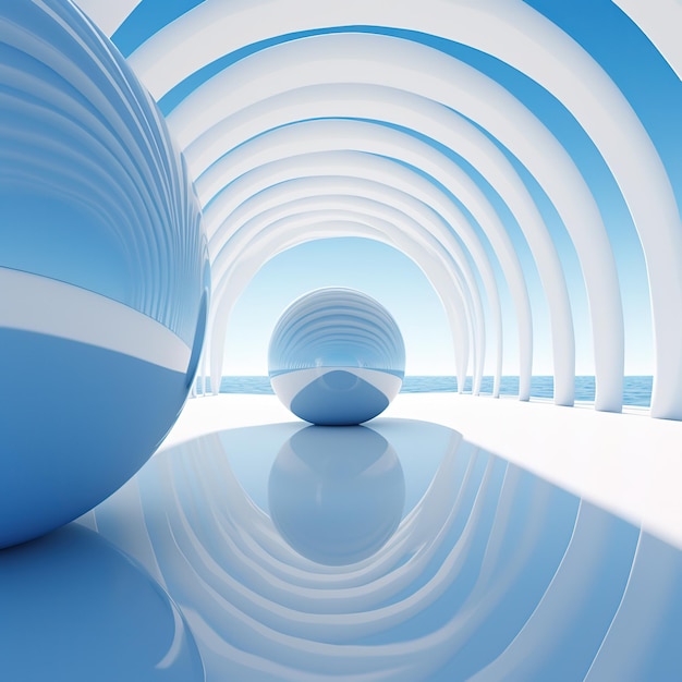 un túnel azul y blanco con una gran bola en el fondo.
