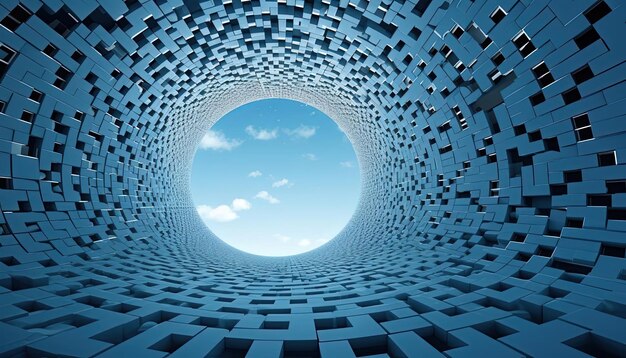 un túnel azul con un cielo y nubes en el fondo