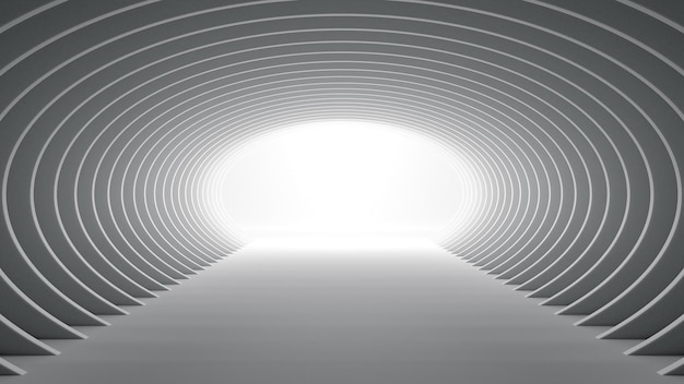 Túnel blanco elíptico futurista con luz al final Ilustración 3D