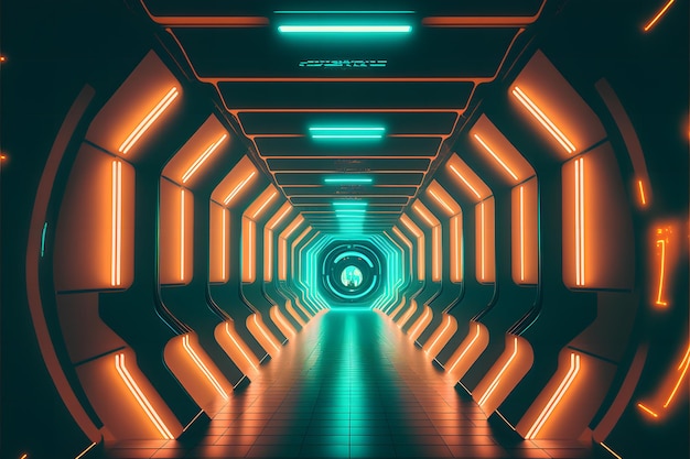 Túnel brilhante de laser ultravioleta iluminado de ficção científica futurista, ai generativo