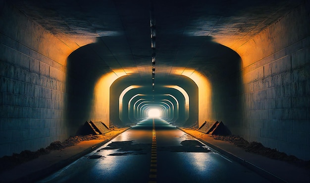 Un túnel cambiante y atmosférico con sombras e iluminación tenue.