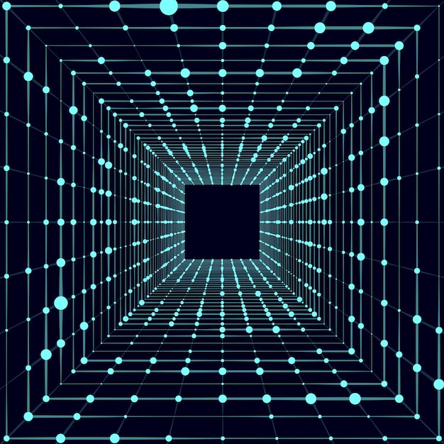 Tunel cibercuadrado que consta de puntos brillantes en movimiento Fondo de espacio infinito futurista Concepto de transferencia de datos en el ciberespacio Ilustración de Hitech Ilustración vectorial