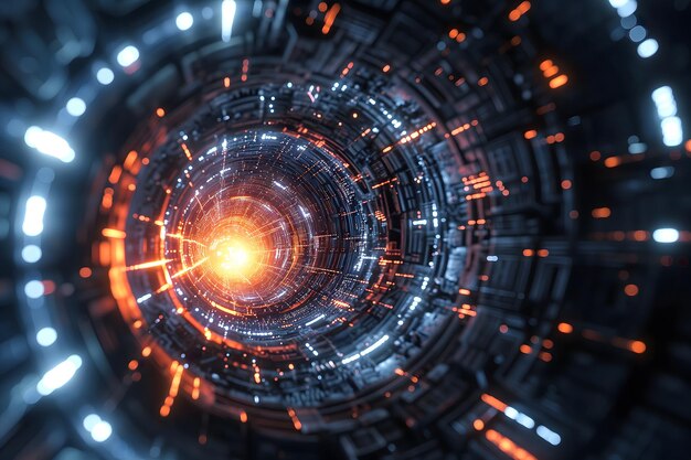 Túnel cibernético abstracto con perspectiva decreciente para el concepto de singularidad tecnológica
