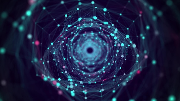 Túnel cibernético que consta de puntos brillantes en movimiento Fondo espacial infinito futurista Concepto de transferencia de datos en el ciberespacio Ilustración de Hitech Renderización 3D