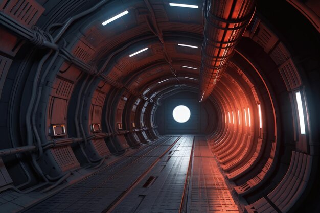 Túnel de ciencia ficción futurista con luces de neón y pisos reflectantes