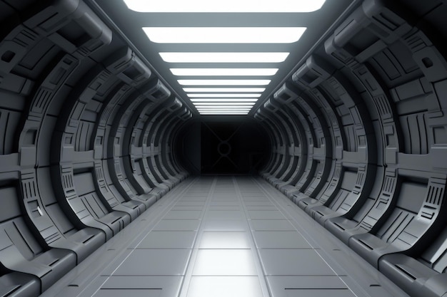 Túnel de ciencia ficción futurista con luces de neón y pisos reflectantes