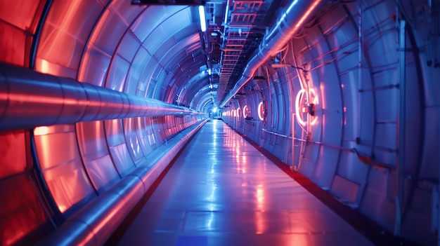 Foto túnel de ciencia ficción futurista con luces de neón rojas y azules brillantes