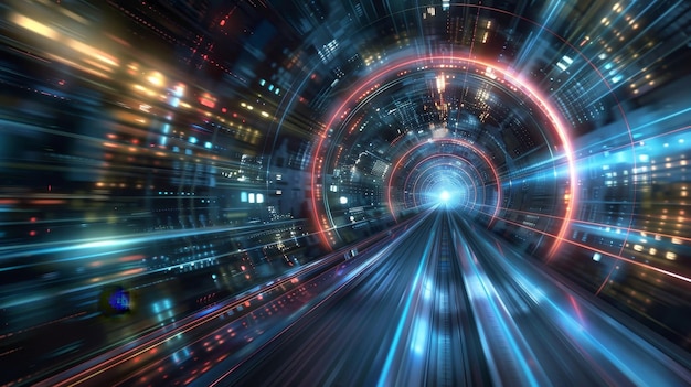 Túnel de ciencia ficción futurista con luces pulsantes viaje de red digital foto realista