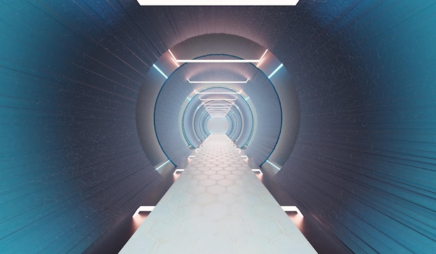 Túnel de círculo de neón tubos modernos pasillos brillantes tecnología sala de exposiciones podio presentación de productos