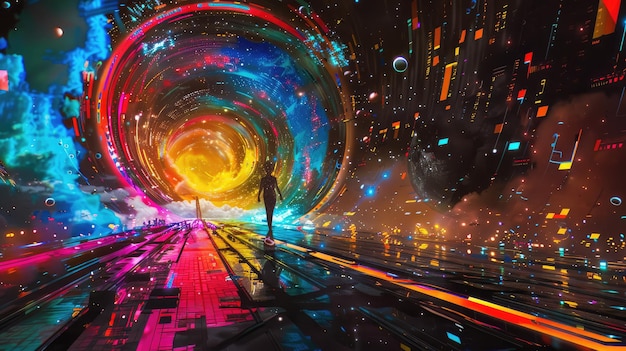 El túnel en el colorido fondo del mundo de neón generado por la IA