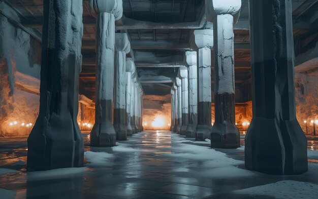 Un túnel con columnas y luces que se iluminan con el sol que brilla sobre ellas.