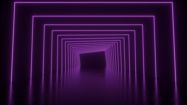 Túnel com formas quadradas com reflexo no chão corredor escuro com lasers rosa