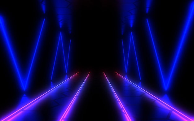Túnel de arquitetura abstrata com luz de néon. Ilustração 3D