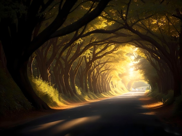 túnel de árvore na manhã luz do sol AI gerado