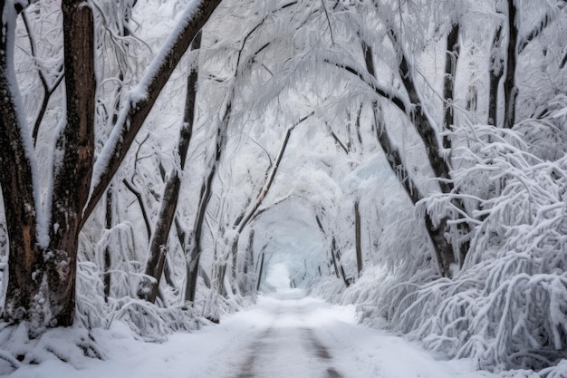 Túnel de árvores coberto de neve com um caminho pitoresco criado com ai generativo