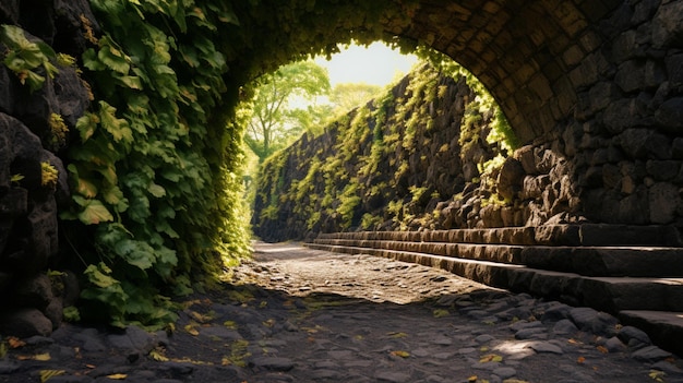 Túnel de basalto coberto de videiras pergola verde fotografia imagem Ai gerada arte