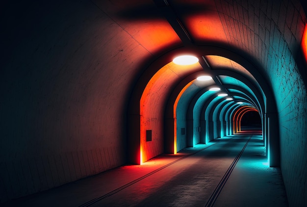 Túnel de concreto sem tráfego e iluminado com luzes neon