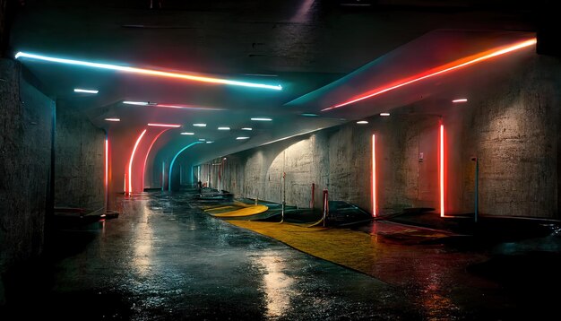 Túnel de concreto vazio com iluminação neon brilhante