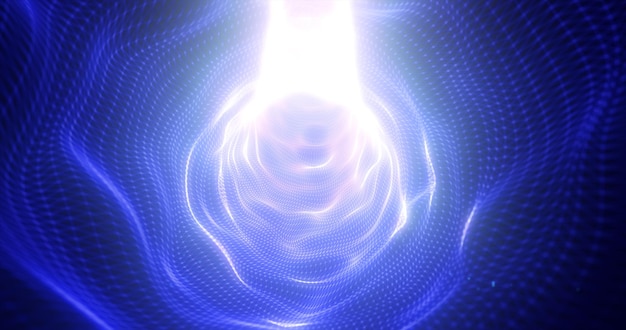 Túnel de energia azul abstrato futurista de malha hitech e fundo de partículas brilhantes