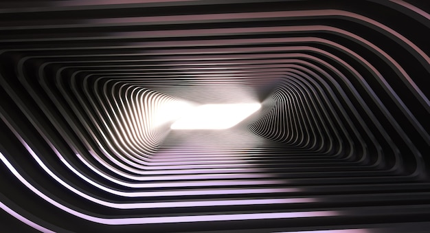 Túnel de estrutura arquitetônica futurista com luz no fundo 3d render