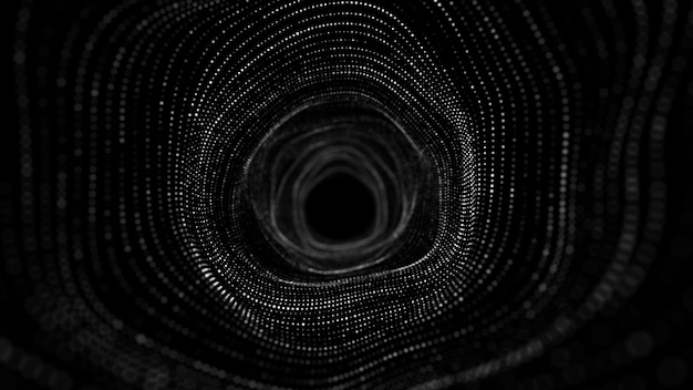 Túnel de estrutura de arame dinâmico abstrato em fundo preto Buraco de minhoca ondulado profundo Fluxo de partículas futurista renderização em 3d
