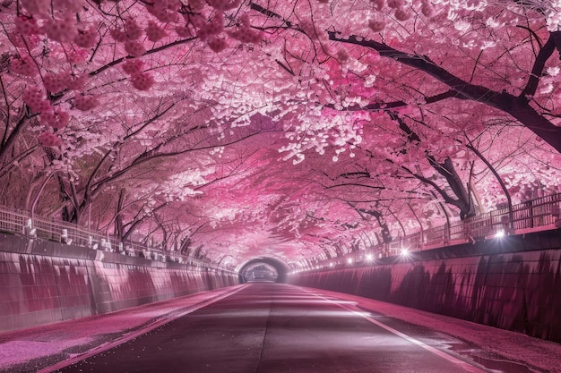 Tunel de flores de cerejeira rosa em Kyoto, Japão