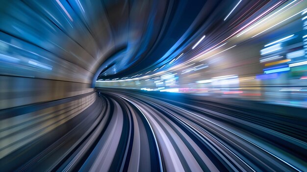 Foto túnel de metrô com desfocamento de movimento de uma cidade a partir de dentro do monotrilho em tóquio ia geradora