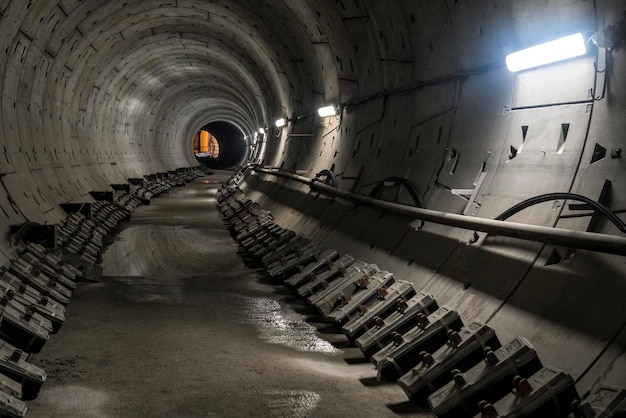 Túnel de metrô de enrolamento subterrâneo redondo indo para a distância