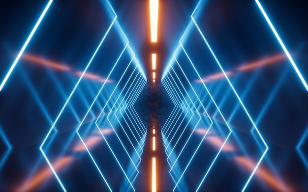 Túnel de neon brilhante Linhas de neon abstratas fundo de ficção científica renderização em 3d