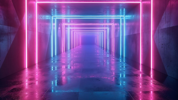Túnel de néon com luzes cor-de-rosa e azul