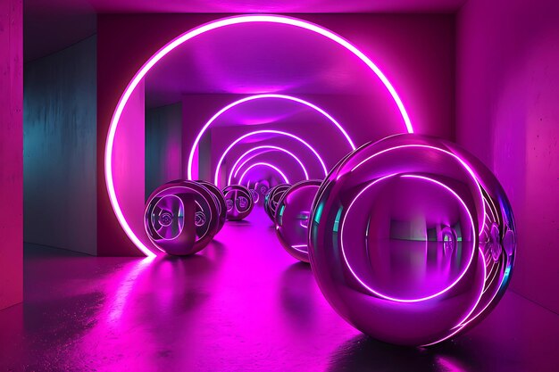 Túnel de Neon Futurista com Esferas Refletoras