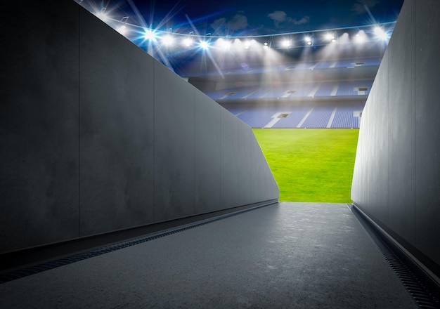 Foto túnel de renderização 3d em estádio com campo de futebol verde