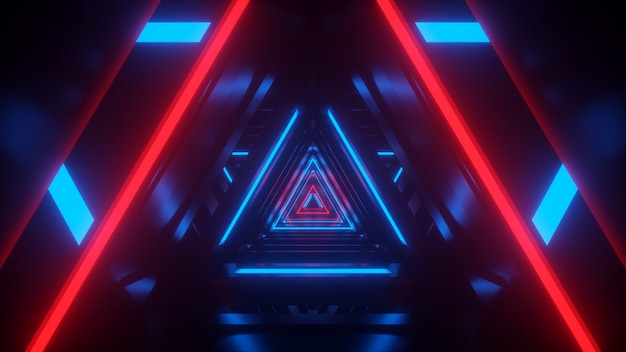 Túnel de tecnologia de néon do futuro com brilho vermelho e azul renderização 3D