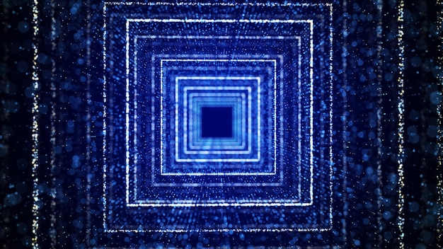 Túnel de wireframe dinâmico futurista em fundo azul Fluxo de partículas mágicas dentro do portal Conceito de tecnologia de viagens infinitas na renderização 3d do metaverso