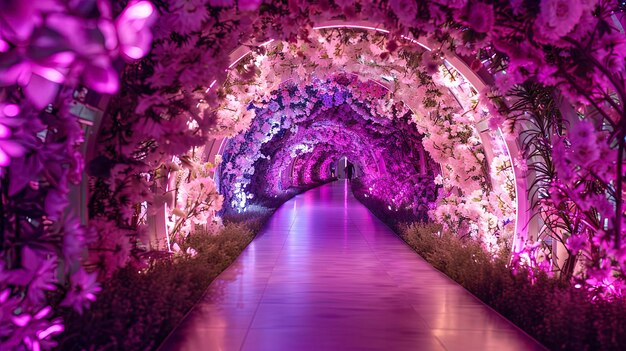 Foto túnel decorativo floral com iluminação de néon
