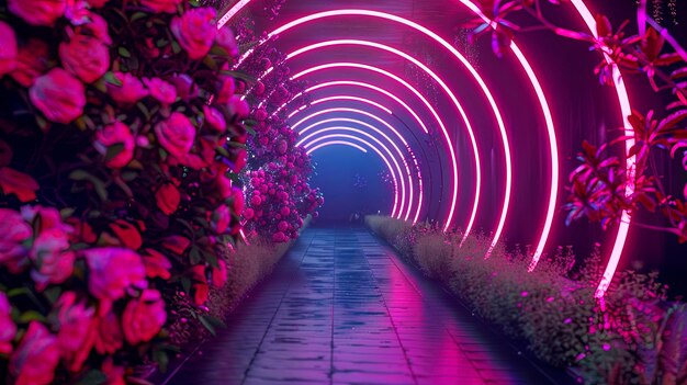 Túnel decorativo floral com iluminação de néon