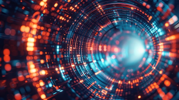 Túnel digital con luces naranja y azul