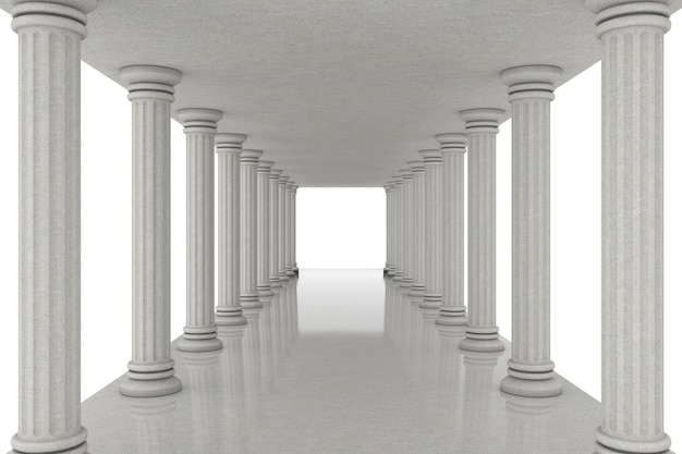 Foto túnel do corredor longo entre colunas clássicas em um fundo branco. renderização 3d