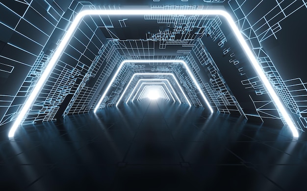 Túnel e néon com fundo azul renderização 3D