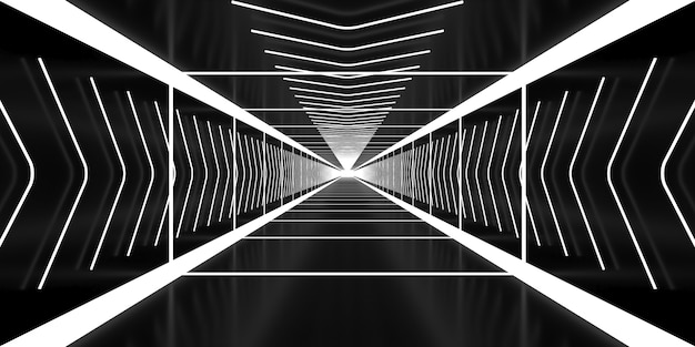 Túnel escuro com luzes de néon brancas brilhantes Imagem de renderização 3D de fundo preto abstrato