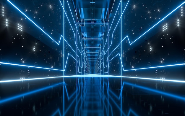 Túnel escuro com renderização 3d de linhas neon brilhantes