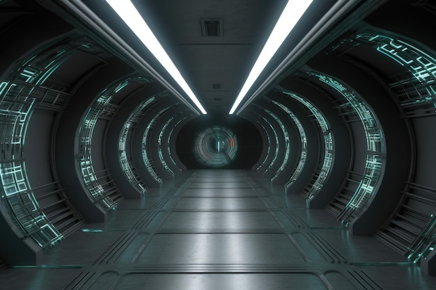 Un túnel espacial de aspecto futurista con luces verdes y una flecha roja que apunta hacia la izquierda.