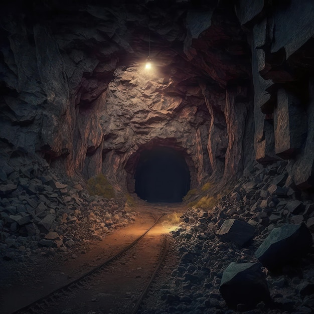 Túnel espeluznante de una mina abandonada con vías de tren oxidadas leadi