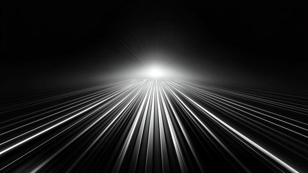 Túnel de estallido de luz abstracto con líneas convergentes y punto de desaparición brillante en blanco y negro