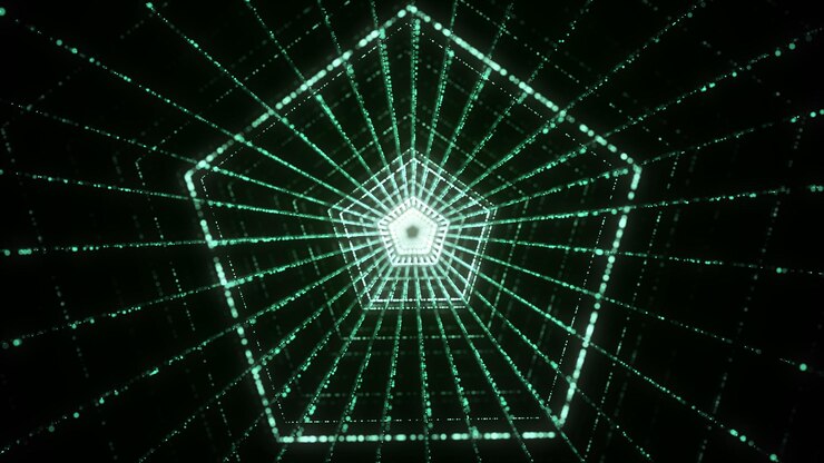 Foto túnel estelar de estructura alámbrica dinámica futurista sobre fondo verde flujo de partículas mágicas dentro del portal concepto de tecnología de viajes infinitos en la representación 3d del metaverso