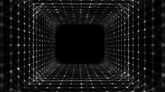 Túnel de estructura metálica abstracta Agujero de gusano azul Rejilla de portal 3D Embudo de fantasía futurista Representación 3d
