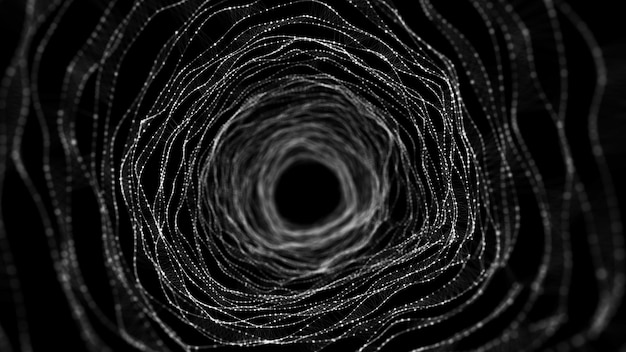 Foto túnel de estructura metálica dinámica abstracta sobre fondo negro agujero de gusano ondulado profundo flujo de partículas futurista representación 3d
