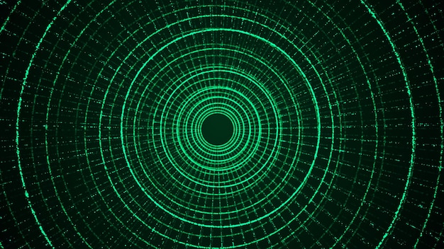 Túnel de estructura metálica dinámica abstracta sobre fondo verde Portal 3D futurista Representación 3d de flujo de partículas futurista